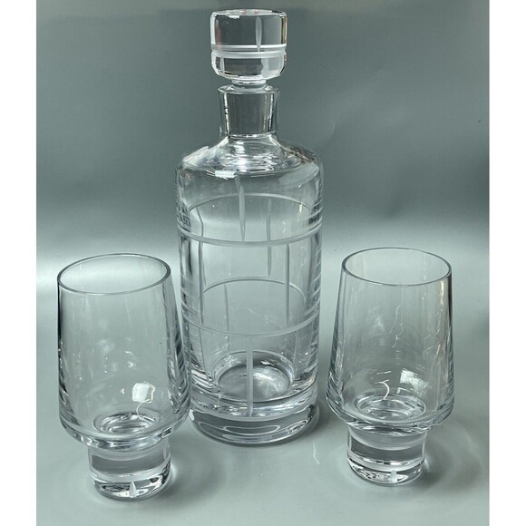 Tiffany & Co Modern Bamboo Decanter with 2 Wine Glasses Clear Glass Crystal Set - Picture 1 of 10